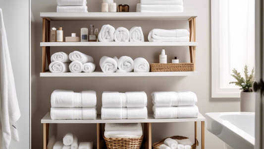 A high-resolution photo of a neat and organized bathroom with white towels folded into intricate shapes and stored in various towel organizers, such as shelves, baskets, and hanging racks. The towels 