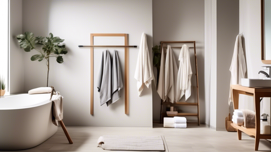 A neat and tidy bathroom with a modern clothes rack mounted on the wall. The rack has several bars and hooks, and it is used to hang towels, robes, and other clothing items. The bathroom is well-lit a
