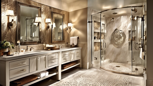 Generate an artistic photograph of a luxurious bathroom featuring a spacious walk-in shower, double vanity, and stylish metal towel bars. Focus on the intricate detailing and elegant curves of the tow