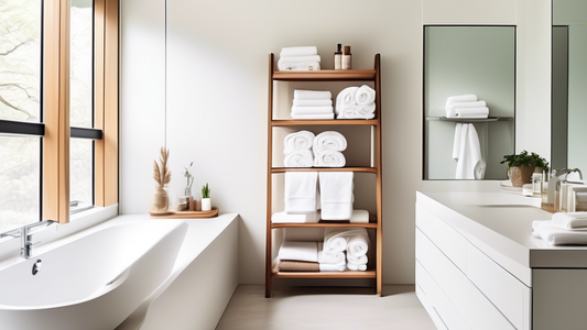 A modern bathroom with innovative storage solutions for towels, including a ladder-like towel rack, a wall-mounted towel organizer with shelves, and built-in drawers. The towels are neatly folded and 