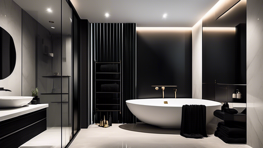 An elegant bathroom with sleek black towel bars in a modern and sophisticated style. The clean lines and minimalistic design create a luxurious and inviting space.