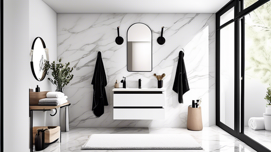 A modern bathroom with white walls and a marble floor. A black hook rack with five hooks is mounted on the wall. The hooks are holding towels, robes, and washcloths. The rack is sleek and stylish, and