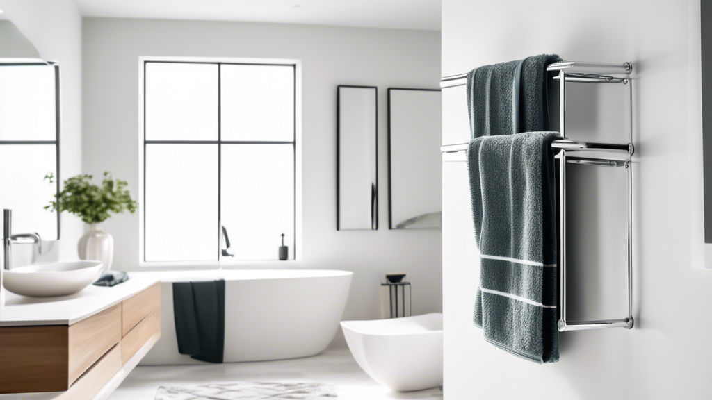 A sleek and stylish chrome towel rack hangs on a white bathroom wall. The rack has three bars for hanging different sizes of towels. Towels in various colors and textures are draped over the bars. The