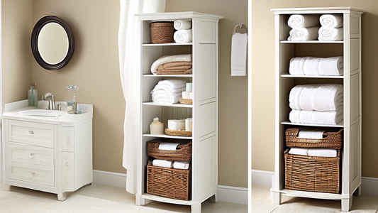 A visually appealing and well-organized bathroom linen closet with shelves, drawers, and baskets for storing and displaying towels, washcloths, and other bathroom essentials. The towels are folded nea