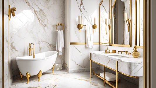 Photograph of an elegant brass towel stand in a luxurious bathroom with white marble tiles and a gold accent mirror