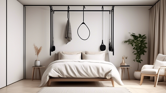 An elegant and minimalist bedroom with a sleek, modern towel hanger that is clutter-free and organized. The hanger should have multiple bars for hanging towels, and the overall design should be clean,