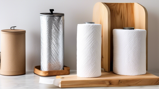 An organized kitchen counter with a paper towel holder made from a repurposed wooden box, a paper towel holder made from a repurposed metal can, and a paper towel holder made from a repurposed plastic