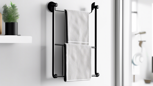 A stylish towel holder for the kitchen, featuring a sleek and modern design with a matte black finish. The holder is mounted on the wall and has two bars for hanging towels. The bars are adjustable so