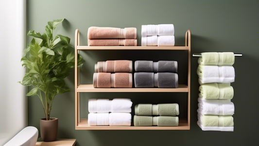 An organized bathroom with a sleek and minimalistic towel caddy mounted on the wall, featuring multiple tiers to store rolled-up towels in different colors and sizes, with a touch of greenery and warm