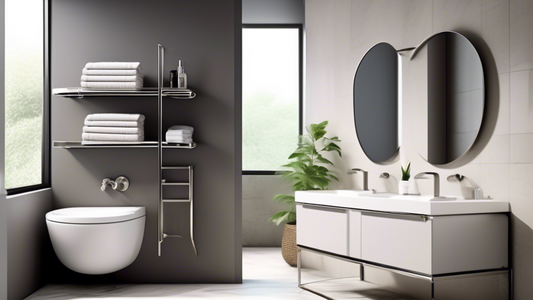 A modern bathroom with towel-ready metal shelves that are sleek and stylish. The shelves are mounted on the wall and are made of a polished metal finish. They are designed to hold towels, washcloths, 