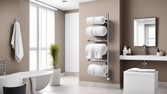Create an image of a modern bathroom with a swivel towel holder. The towel holder should be mounted on the wall and have multiple arms that can be extended and rotated to hold towels. The towels shoul