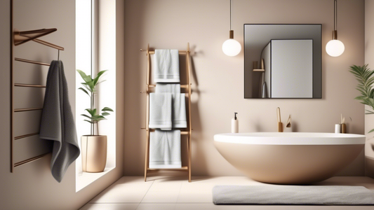 A minimalist bathroom featuring a stylish towel hanger stand that seamlessly complements the décor. The stand has multiple tiers, allowing for organized storage of towels. The towels are folded neatly