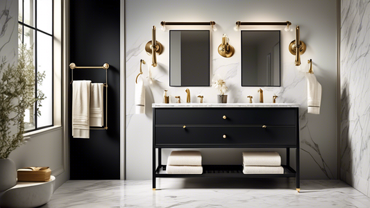 Create a visually appealing and detailed image of a bathroom vanity with various Kohler towel holders in different styles and finishes, such as brushed brass, polished chrome, and matte black. Include