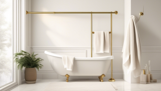A polished brass towel bar mounted on a white bathroom wall, with a white fluffy towel hanging from it. The towel bar has an elegant and minimalist design, with a slightly curved shape. The wall behin