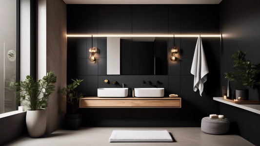 A sleek, modern bathroom with black wall-mounted towel rack, featuring a minimalist design, geometric shapes, and warm, ambient lighting.