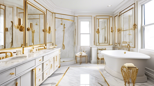 Create a luxurious bathroom featuring gold and silver towel bars. The bathroom should have a white marble vanity with gold fixtures, a large mirror with a gold frame, and a white quartz shower with go