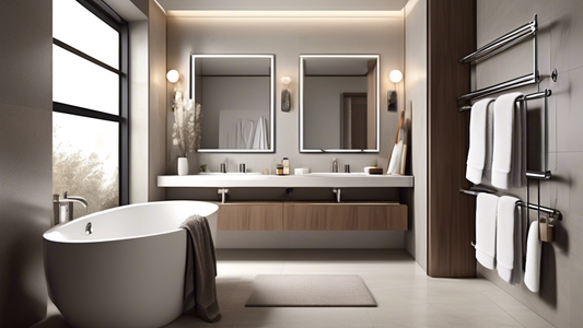 Generate a photorealistic image of a bathroom interior featuring a variety of sleek and modern space-saving towel bars, including:
- A wall-mounted towel bar with multiple tiers for hanging multiple t