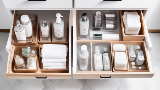 A highly organized bathroom with clear acrylic stackable bins, drawer organizers, lazy susans, and over-the-door organizers. The bathroom should have a white and gray color scheme with natural wood ac