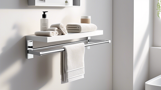 A sleek and modern double towel bar with a built-in shelf, mounted on a white bathroom wall. The towel bar is chrome-finished and has two bars for hanging towels. The shelf is made of white ceramic an