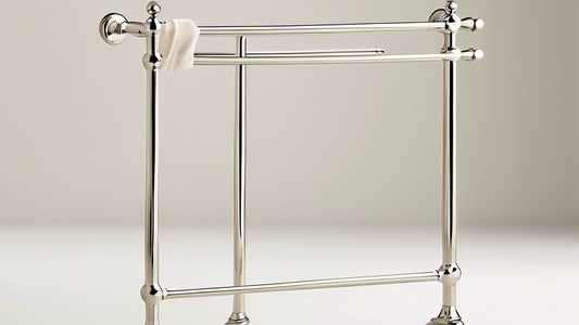 Create an image of a polished nickel freestanding towel rack that exudes elegance and convenience. It should be placed in a stylish bathroom setting, where it seamlessly complements the décor and prov
