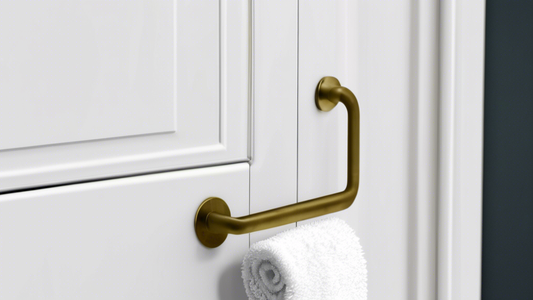 **DALL-E Prompt:**

A close-up photograph of a towel holder mounted on a door. The towel holder is made of brushed metal and has a simple, modern design. It is holding a white bath towel that is folde