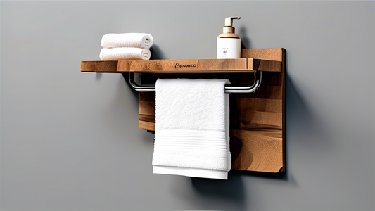 A stylish and functional hand towel holder mounted on the wall, made from a combination of wood and metal. The holder should be able to accommodate multiple hand towels and have a modern, elegant desi