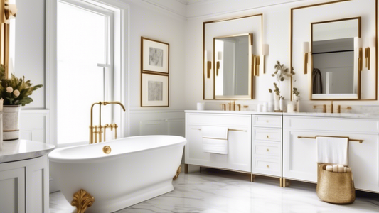 A bathroom with brass towel rods that have a sophisticated and durable design. The rods are mounted on a white wall and hold fluffy white towels. The bathroom has a classic and elegant style, with mar