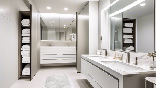A modern bathroom with sleek white cabinetry and a hidden towel storage solution, featuring organized and folded towels within the cabinets, creating a clutter-free and elegant space.