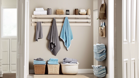 An image of a narrow hallway with various towel storage solutions, including hooks, shelves, and baskets. The towels are arranged neatly and the space is organized and clutter-free.
