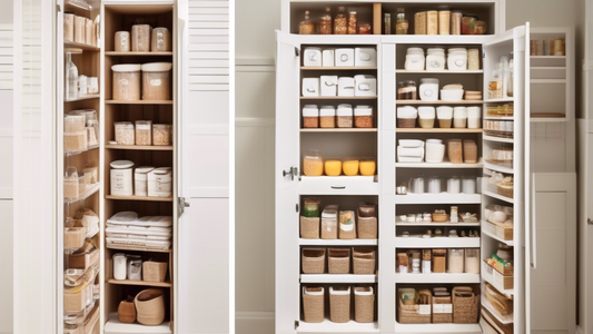 Photograph of a well-organized pantry with shelves specifically designed to store paper towels. The shelves are adjustable and can be customized to fit different sizes of paper towel rolls. The pantry