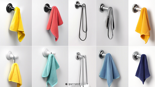 Generate an image of various innovative and creative towel hook designs for a bathroom, showcasing a range of materials, shapes, sizes, and styles, suitable for different bathroom decors.