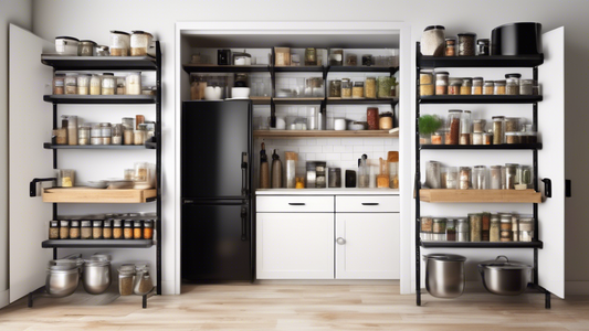 A photorealistic image of a modern kitchen with white cabinets and black hardware. The back of the door has been fully utilized for storage, with a variety of shelves, racks, and hooks installed. The 