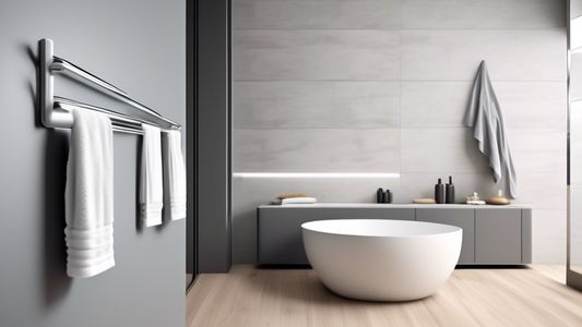Create an image of a sleek and modern aluminum towel rack mounted on a bathroom wall, showcasing its stylish design and durability. The rack should be adorned with luxurious towels, emphasizing its fu
