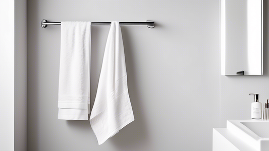 A minimalist bathroom interior with a white rack towel mounted on the wall, holding two white towels. The rack towel is designed with clean lines and simple curves, blending seamlessly with the modern