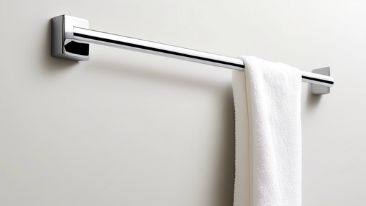 A chrome towel bar mounted on a bathroom wall, with a plush white towel hanging from it. The towel bar has a clean and modern design, and it is the perfect accessory for any bathroom.