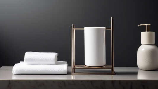A modern and minimalist guest towel stand featuring a sleek metal frame and a white ceramic tray. The stand is free-standing and has a weighted base for stability. The tray is removable for easy clean