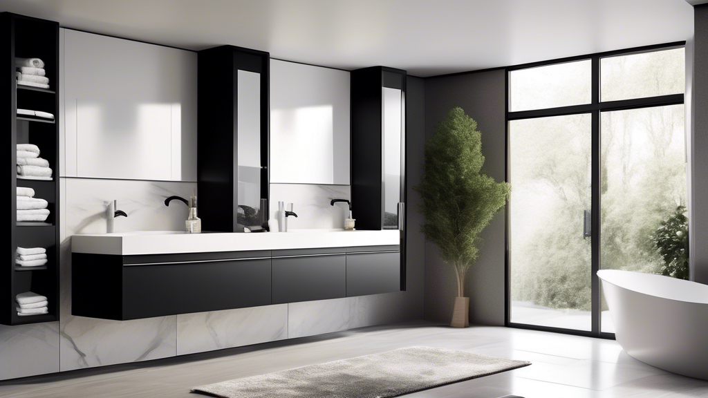 An elegant bathroom featuring wall-mounted cabinets with integrated towel racks. The cabinets have a sleek, modern design with clean lines and a glossy white finish. The towel racks are simple and fun