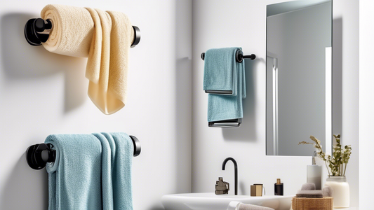 A variety of towel holders mounted on a bathroom wall, including bars, hooks, racks, and rings, designed to maximize storage space and complement different bathroom styles.