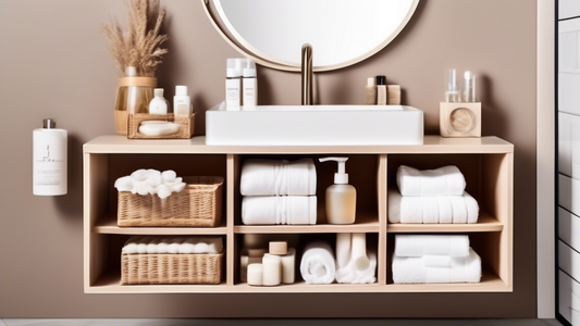 An organized and stylish bathroom cabinet with drawers, shelves, and baskets, filled with toiletries, towels, and other bathroom essentials, in a modern and minimalist aesthetic.