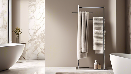 A sleek and modern free-standing towel rack with a minimalist design, situated in a contemporary bathroom setting. The rack has multiple tiers for ample storage and is made of high-quality chrome for 