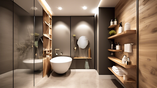 Create an image of a stylish and functional bathroom with shelves and hooks. The shelves should be made of a natural wood material and the hooks should be metallic. The overall aesthetic should be mod