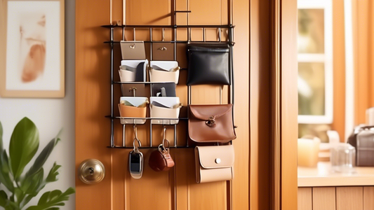 A stylish door rack with multiple compartments, hanging on a wooden door in a home. The rack is filled with various items such as keys, wallets, sunglasses, mail, and other small accessories. The back