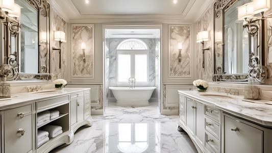 A luxurious bathroom with a double towel bar featuring intricate scrollwork and a polished nickel finish, mounted on a marble tile wall with a large mirror and sconces on either side.