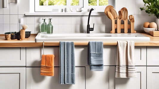 An organized kitchen with various towel holders conveniently placed for easy access and storage. The holders come in different designs, such as hooks, bars, and racks, and are mounted in strategic loc