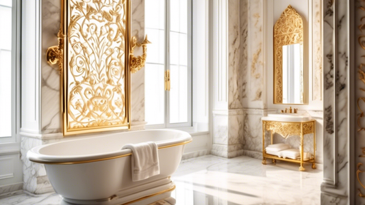 A luxurious marble towel rack, with intricate carvings and gold accents, mounted on a white marble wall in a grand bathroom. Natural lighting filters in through a large window, casting a warm glow on 