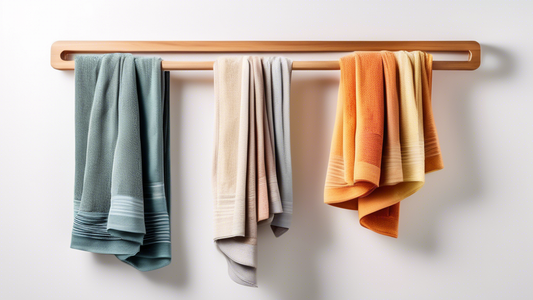 A round towel rack made of natural wood, mounted on a white wall, with a variety of colorful towels hanging from it. The towels are rolled up and folded neatly, and the rack has a modern and minimalis