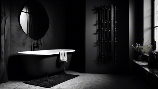 Dark and enigmatic black metal towel rail, dripping with water, casting ominous shadows on the bathroom wall. Black metal aesthetic with gothic accents and intricate design, creating a sense of danger