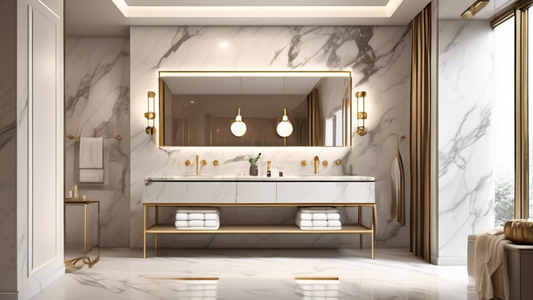 Generate an image of a luxurious bathroom with marble walls and floors, featuring a sleek and stylish designer towel bar. The towel bar should be made of high-quality materials, such as brushed gold o