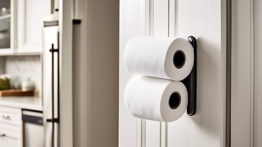 An image of a white, over-the-door paper towel holder with a roll of paper towels on it, attached to the back of a wooden door in a modern kitchen. The kitchen features white cabinets, a black granite