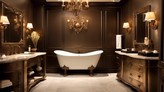 Create an image of an opulent bathroom featuring bronze fixtures and accents. The room should exude a sense of luxury and sophistication. The bronze elements should include a freestanding bathtub, a v